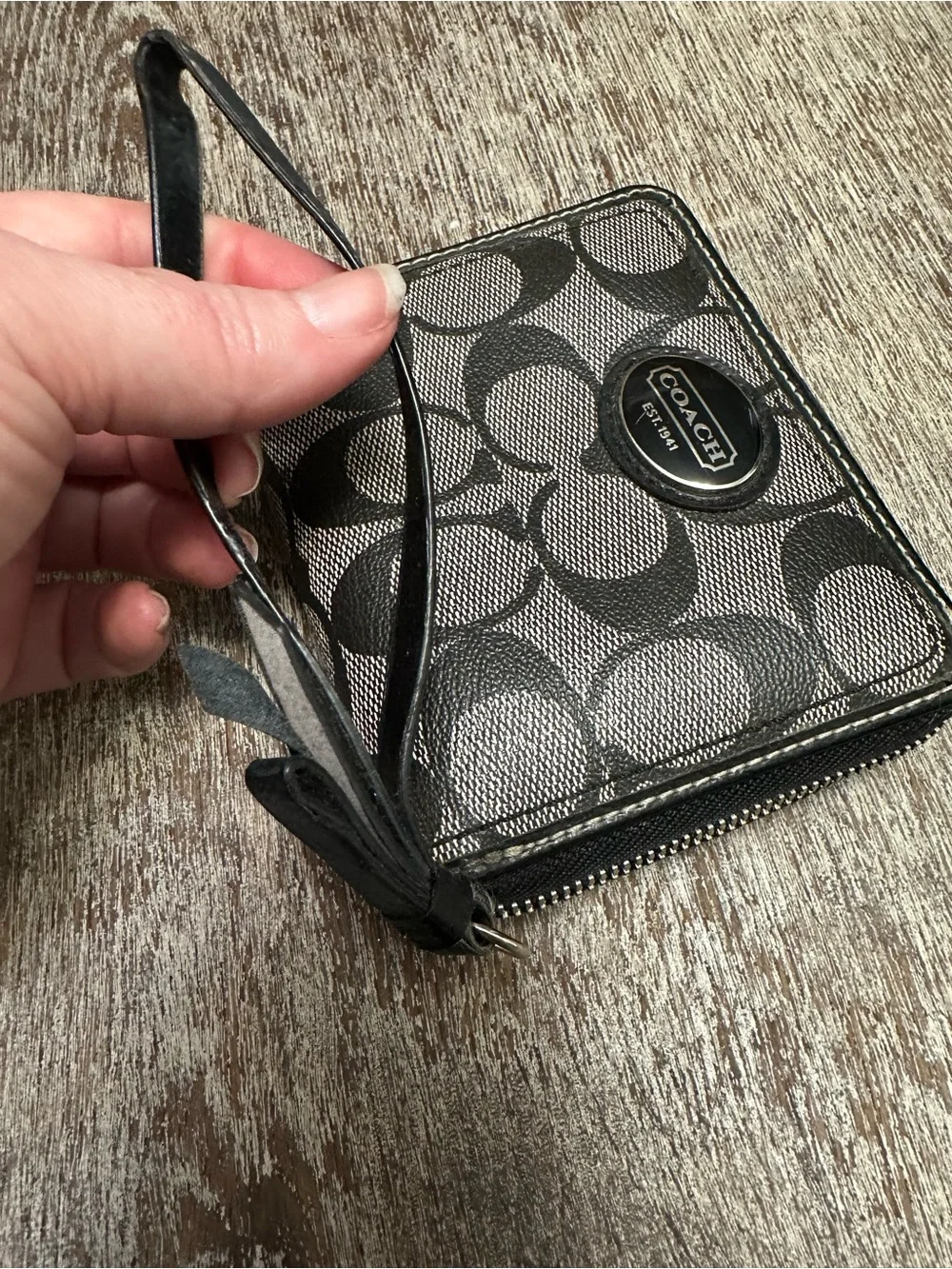 Coach Peyton Black & Gray Signature Zip Wristlet Card Holder
